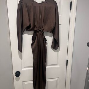 Satin Brown Long Sleeve Dress with Midriff Cutouts